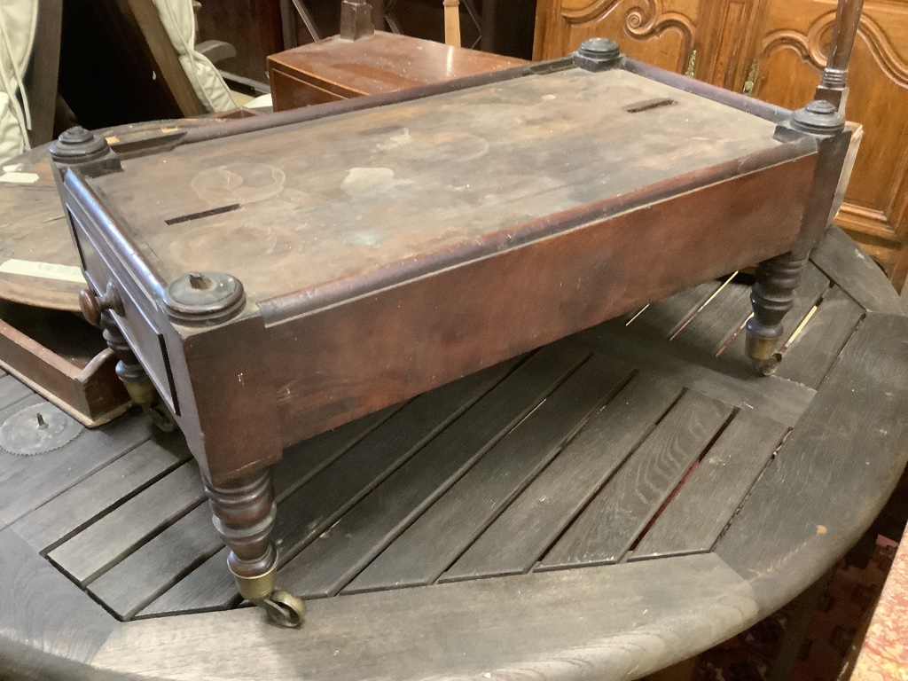 A Victorian butler's tray, 55cm and three incomplete items of furniture comprising a canterbury base, an inlaid table top and a toilet mirror base